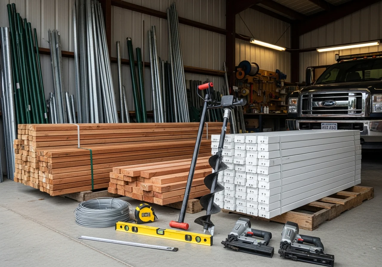 Professional fencing crew with tools and materials ready for installation on a residential property.