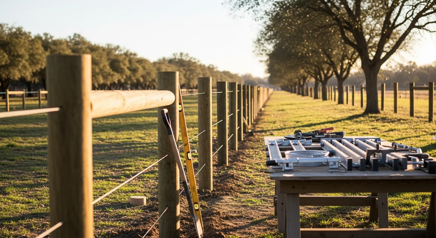Agricultural wire fencing with wooden posts installed along the perimeter of a rural Orangevale property, with open pasture and a farm gate visible in the background.