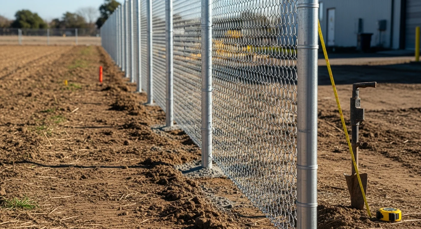 Completed commercial chain link fence with a sliding gate securing a business property in Orangevale, California. Steel posts set in concrete support galvanized chain link fabric along a flat commercial lot perimeter.