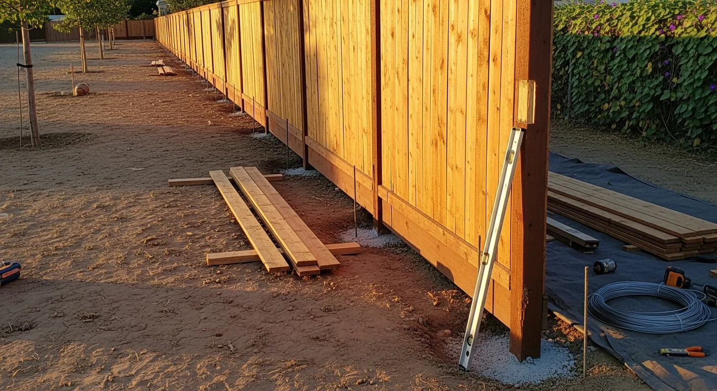 A repaired commercial chain link fence along the perimeter of an Orangevale business property, with straightened posts and secured panels. The fence line runs along an open commercial lot under a clear Sacramento County sky.