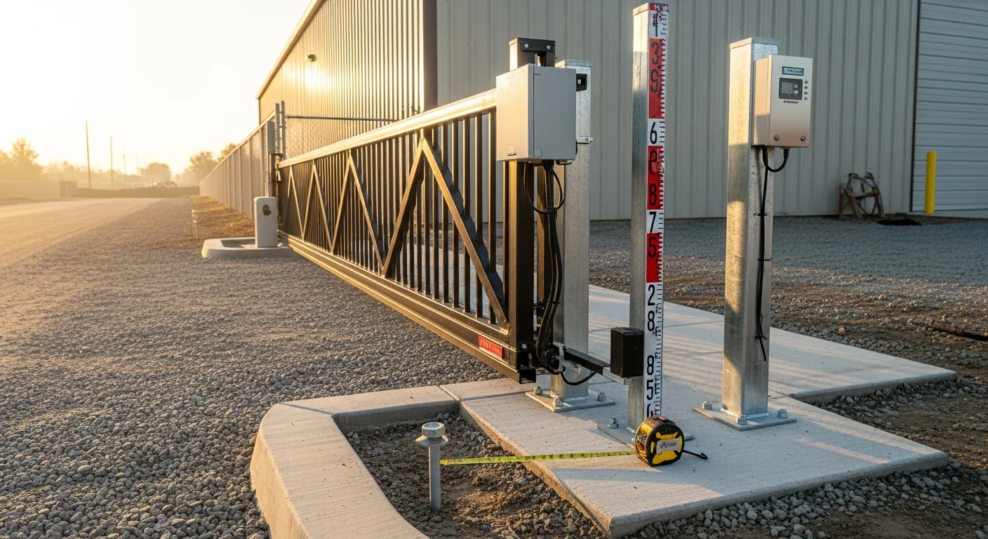 A heavy-duty commercial slide gate installed at a business property in Orangevale, CA, with a metal frame, automated operator, and paved vehicle entry lane visible in the foreground.
