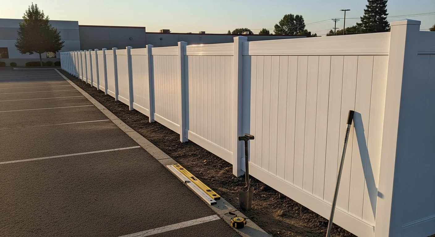A commercial vinyl privacy fence installed along the perimeter of a business property in Orangevale, California. The white vinyl panels are clean and uniform, with a paved parking area visible on one side and a commercial building in the background.