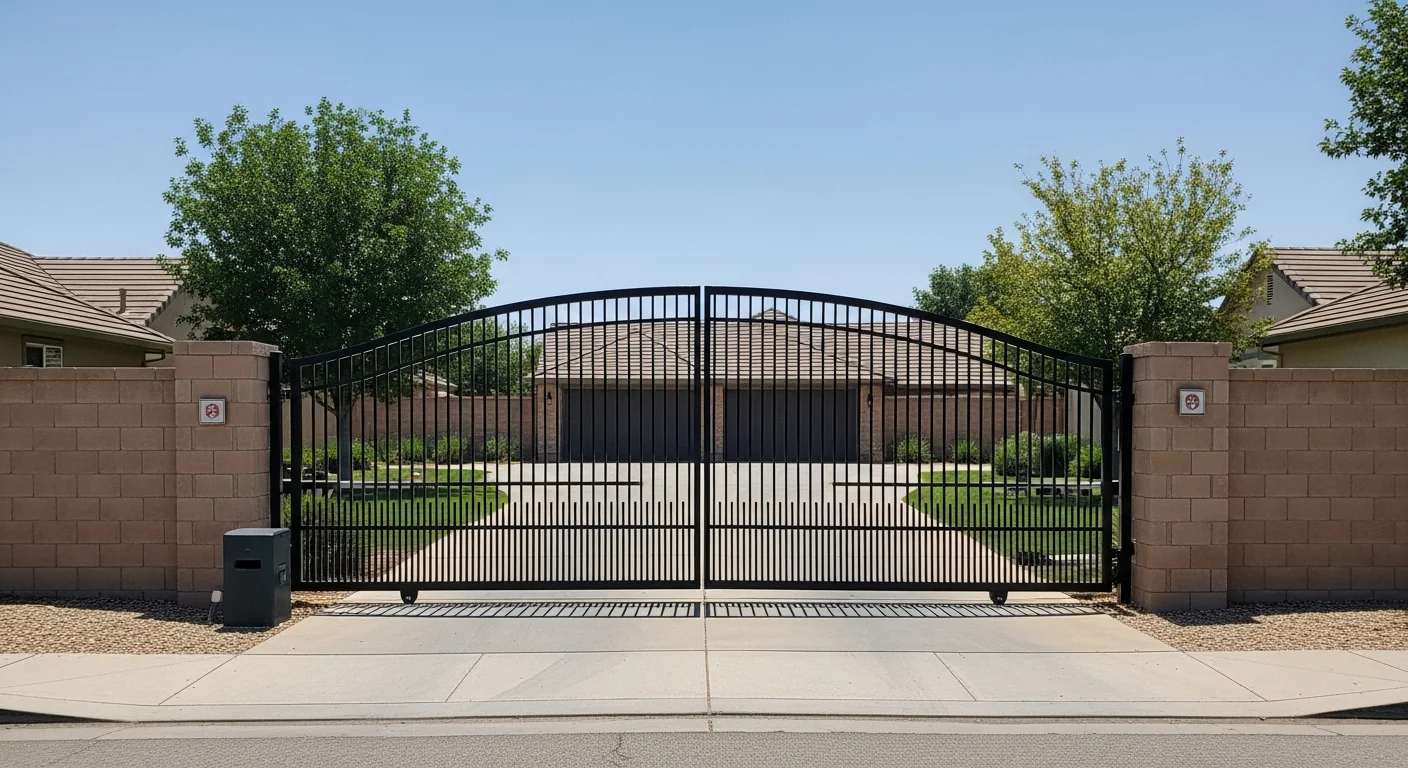 A custom double driveway gate installed by Exclusive Fencing And Construction on a large residential lot in Orangevale, California. The gate is aligned with a wood privacy fence and opens to a long concrete driveway with a clear view of the property entry.