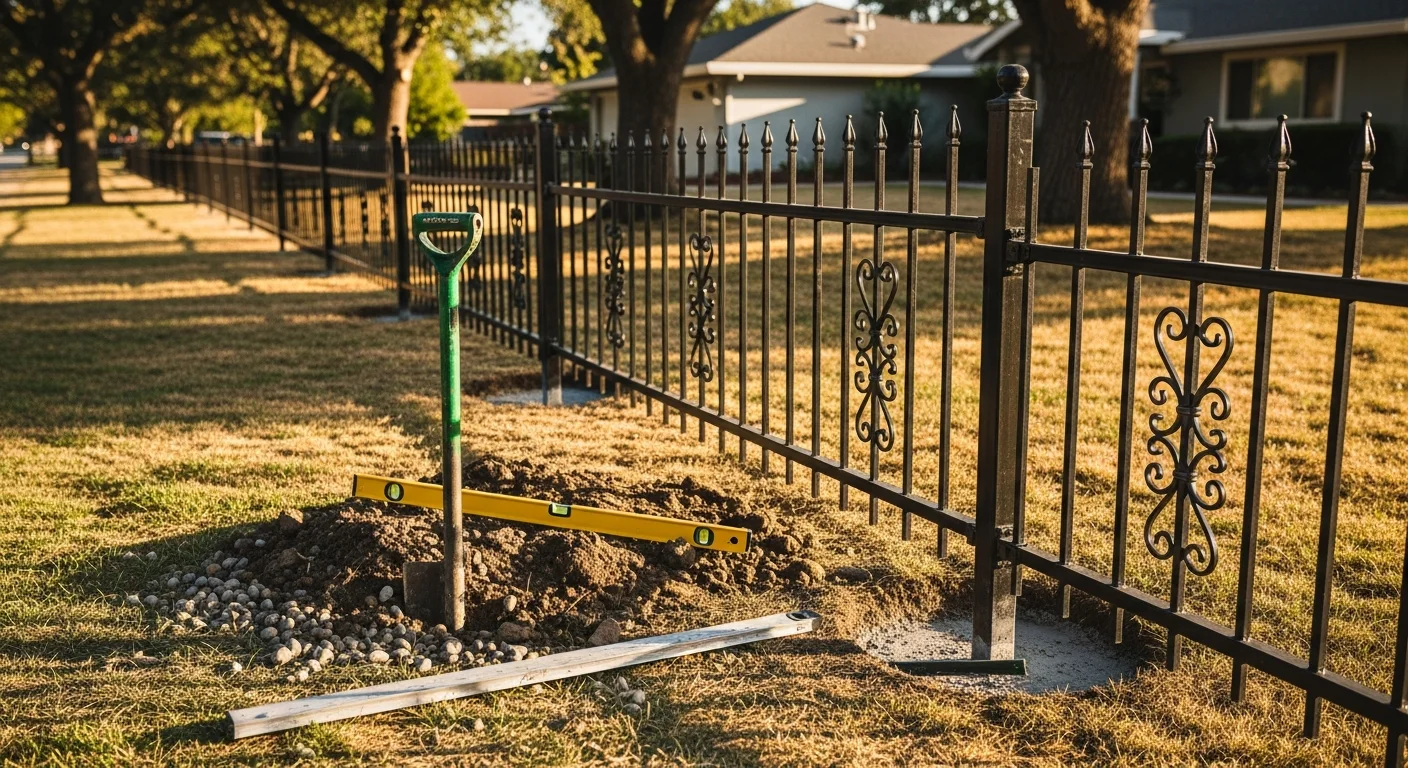 A decorative ornamental iron fence installed along the front boundary of a residential property in Orangevale, California. The fence features evenly spaced vertical pickets with a matching entry gate, set against a landscaped front yard on a sunny day.