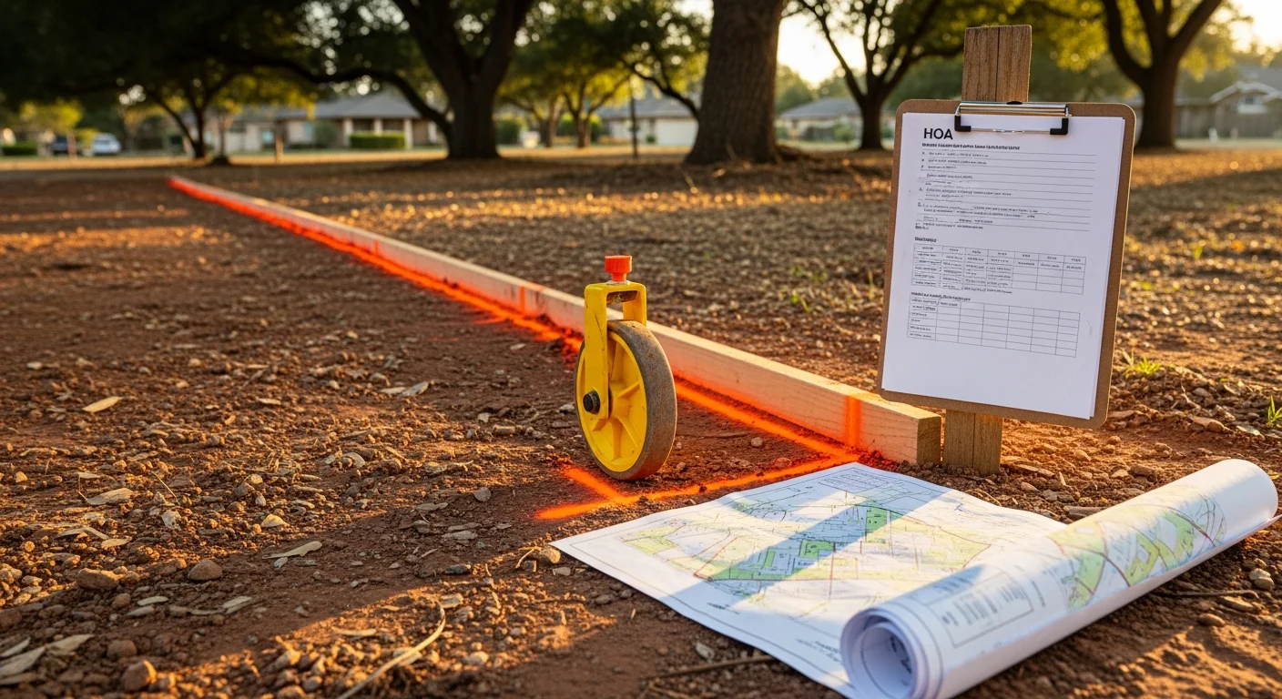 A fence contractor reviewing a residential property layout with a homeowner on a large Orangevale lot during a fence consultation. The yard shows open grass, an existing fence line, and mature trees typical of Sacramento County semi-rural neighborhoods.