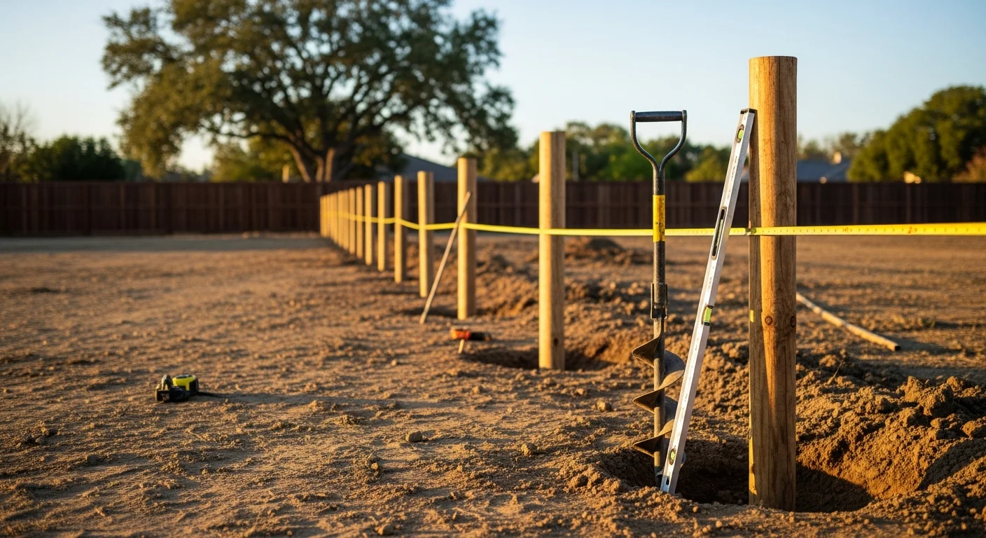 A newly installed wood privacy fence along the rear property line of a residential lot in Orangevale, CA, with posts set in concrete and panels running level across a mildly sloped yard. The fence separates a landscaped backyard from an adjacent property on a quiet Orangevale street.