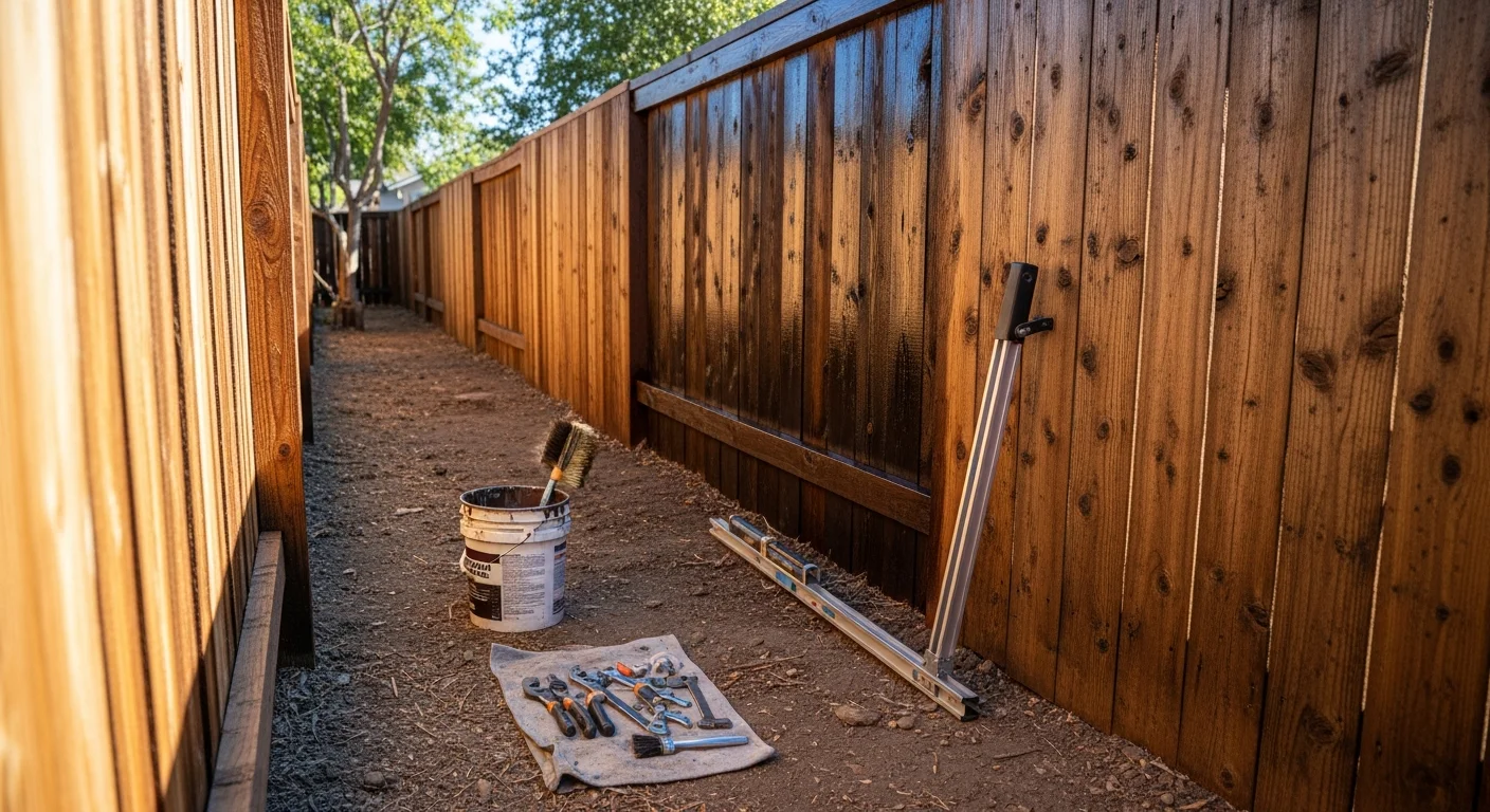 A residential wood fence in Orangevale, California after maintenance service, showing reset posts, replaced boards, and a freshly sealed surface along a backyard property line. A properly latched gate is visible at the end of the fence run.