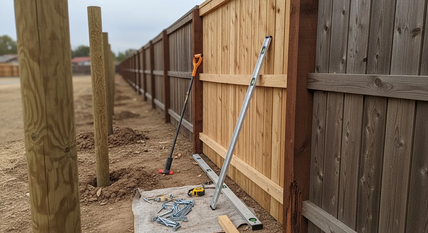 A repaired wood privacy fence along a residential backyard in Orangevale, California, with straightened posts and replaced panels showing a clean, even fence line. A gate with a new latch is visible at the corner of the yard.