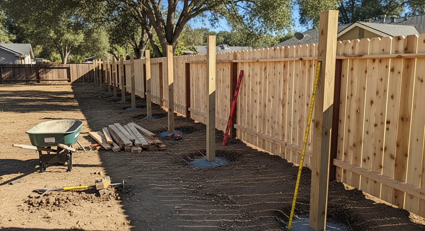 A newly installed wood privacy fence running along the backyard boundary of a residential property in Orangevale, California, with clean vertical panels, concrete-set posts, and a latching gate on a flat residential lot.