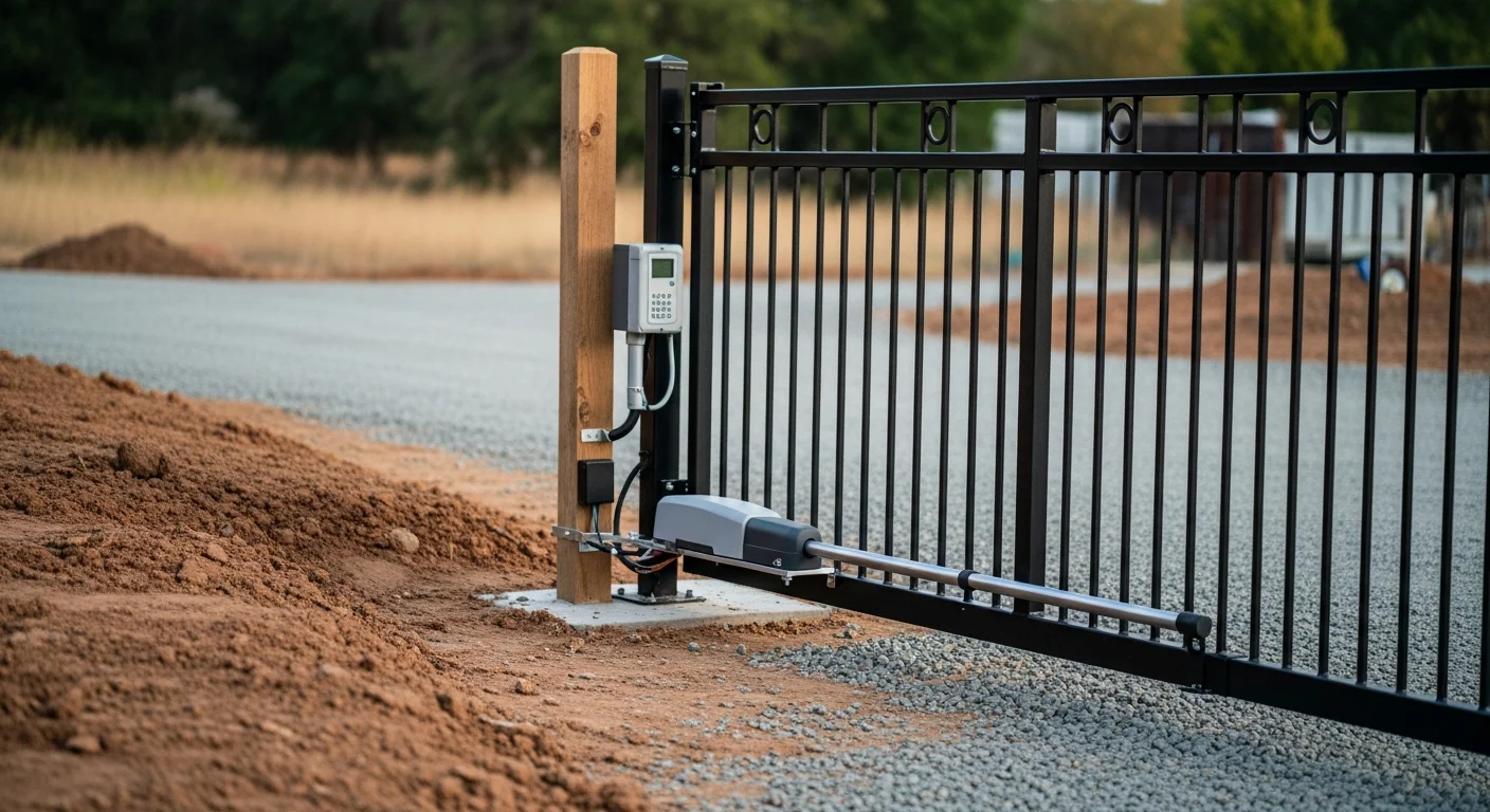 A residential automated swing gate installed by Exclusive Fencing And Construction at an Orangevale property driveway. The gate is in the closed position with a keypad access panel mounted on a post beside it.