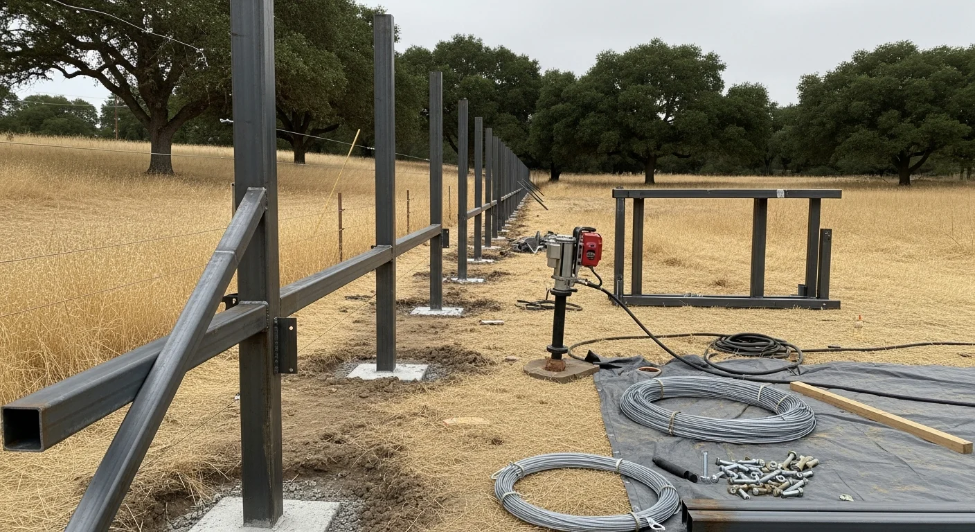 A heavy-gauge high-security perimeter fence with reinforced steel posts installed along the boundary of a commercial property in Orangevale, California. The fence line runs along a flat lot with a secured access gate visible at the entry point.