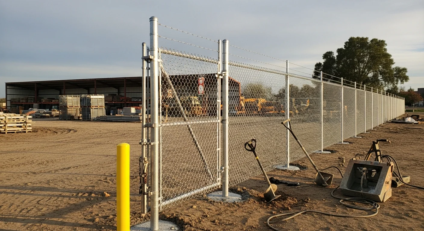 Industrial chain link perimeter fencing with a sliding vehicle access gate installed along a commercial storage yard in Orangevale, California. The fence line runs parallel to a paved lot used for equipment and fleet vehicle storage.