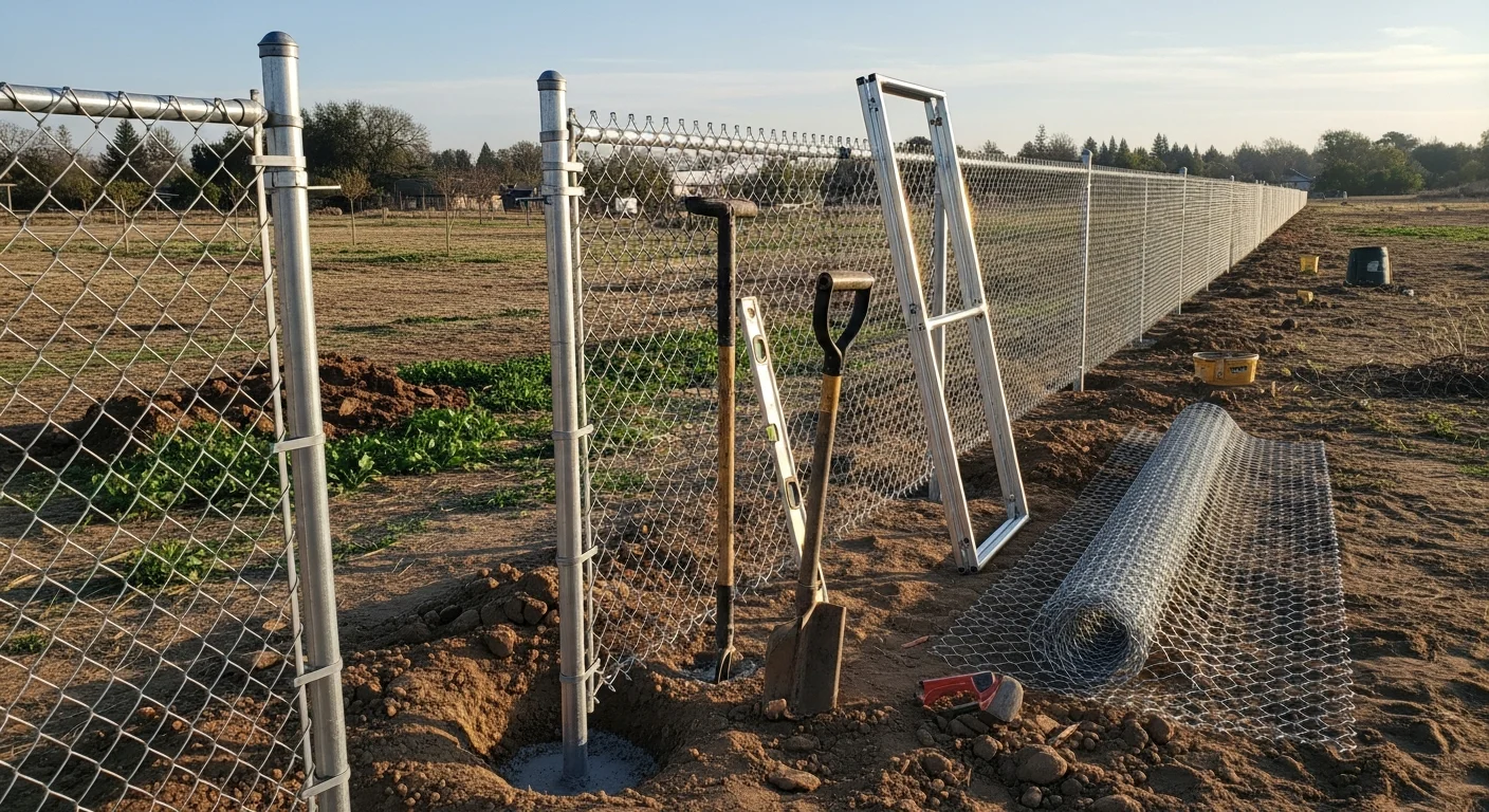Newly installed residential chain link fence along the backyard perimeter of an Orangevale home, with concrete-set posts and a single-swing gate on a large lot. The galvanized mesh fence runs along a grass yard with mature trees visible in the background.