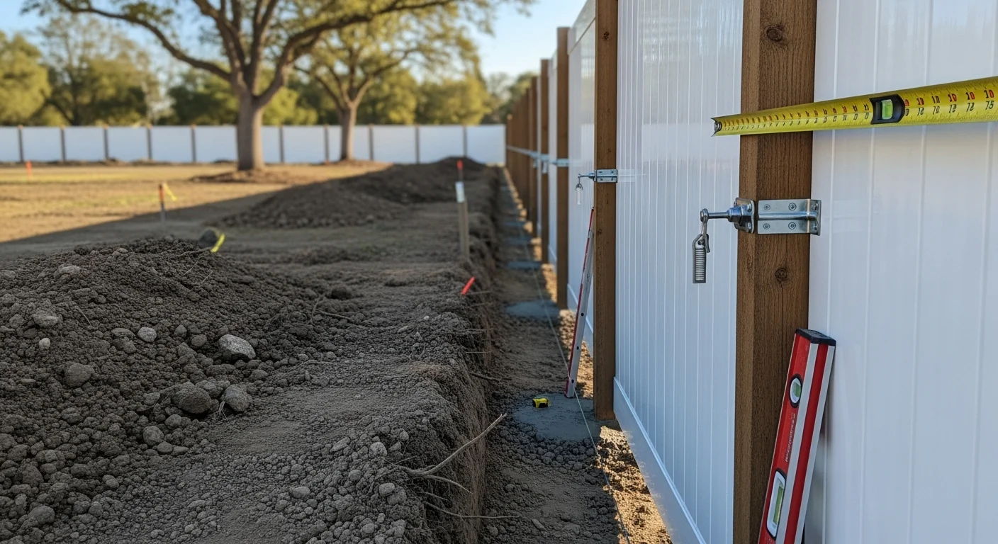 A completed white vinyl privacy fence running along the backyard of a single-family home in Orangevale, California. The fence panels are evenly spaced with a matching vinyl gate visible at the side yard entry.