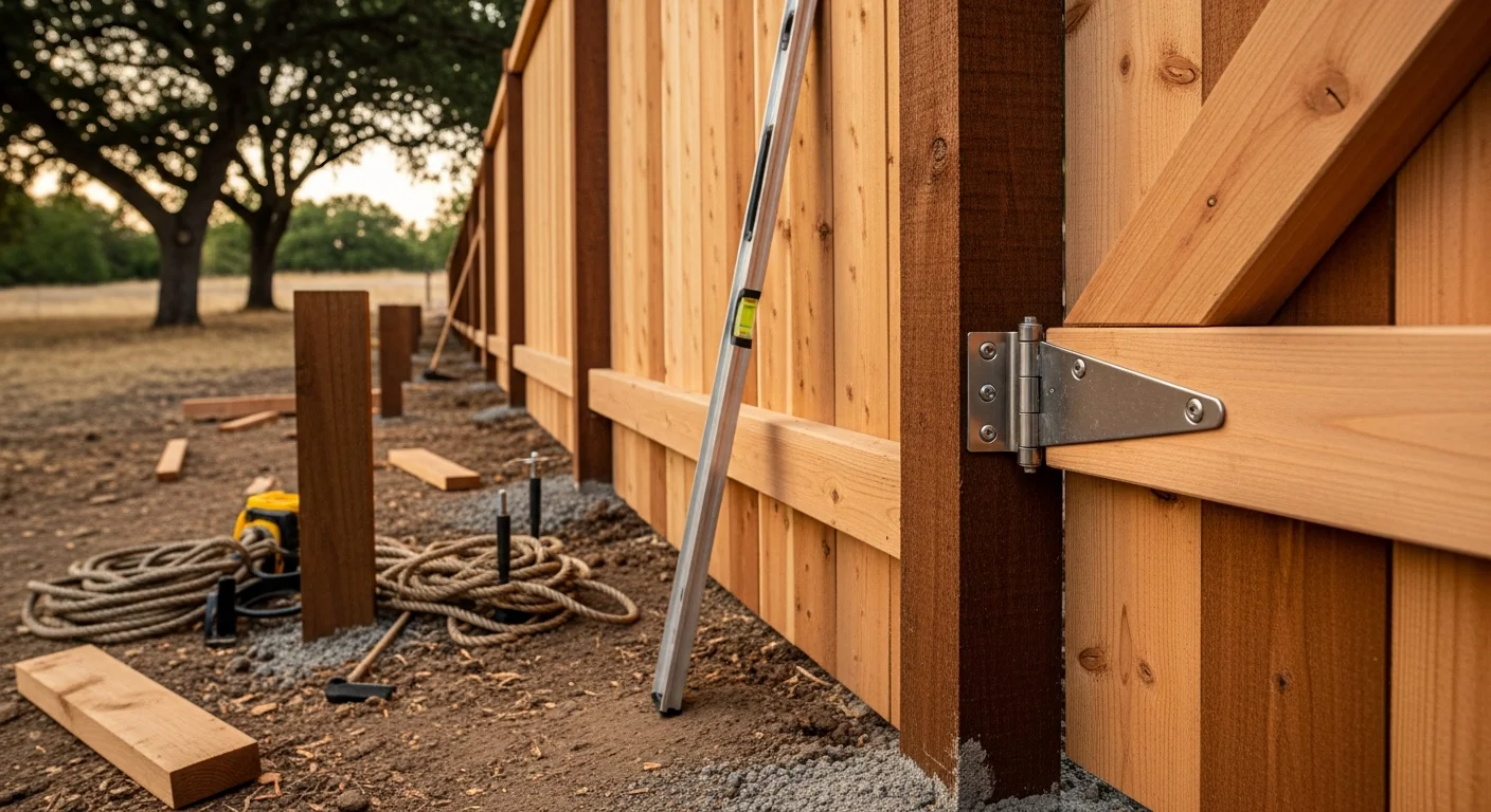 A newly installed wood privacy fence running along the backyard boundary of a residential property in Orangevale, California. Vertical boards are evenly spaced and aligned, with a wood gate centered on the fence line.