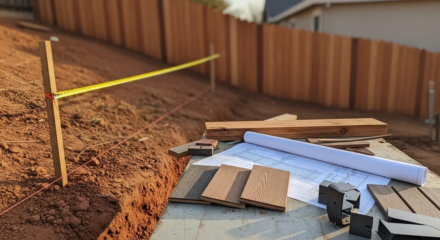 A custom specialty fence installed along the rear boundary of a Craftsman-style home in Orangevale, California, with a design that follows the natural grade of the yard. The fence features clean post detailing and a layout tailored to the property's lot shape and privacy needs.