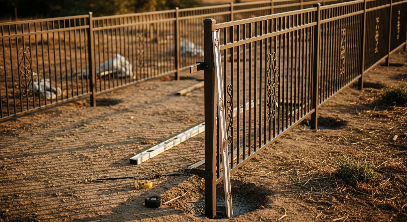 Freshly installed wrought iron fence with vertical pickets and a matching driveway gate along the front boundary of a residential property in Orangevale, California. The open panel design frames the home's front yard while clearly defining the property line.
